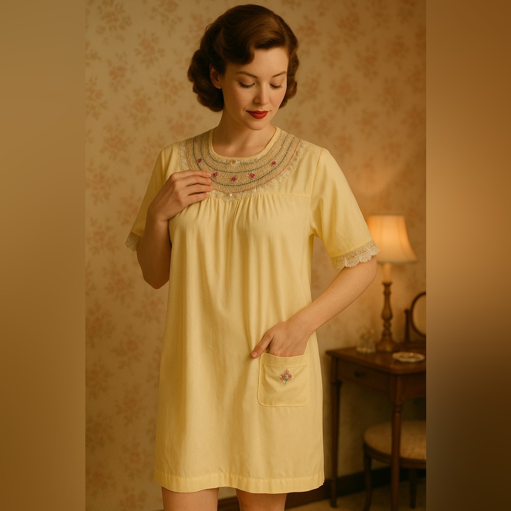 Vintage Yellow Embroidered Smock Dress Nightgown with Lace Trim
